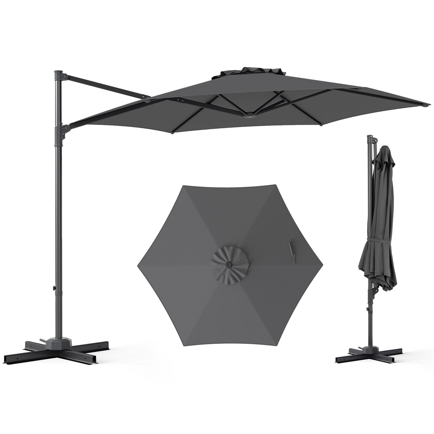 292cm Patio Cantilever Umbrella Large Offset Hanging Umbrella with 360° Rotation-Grey