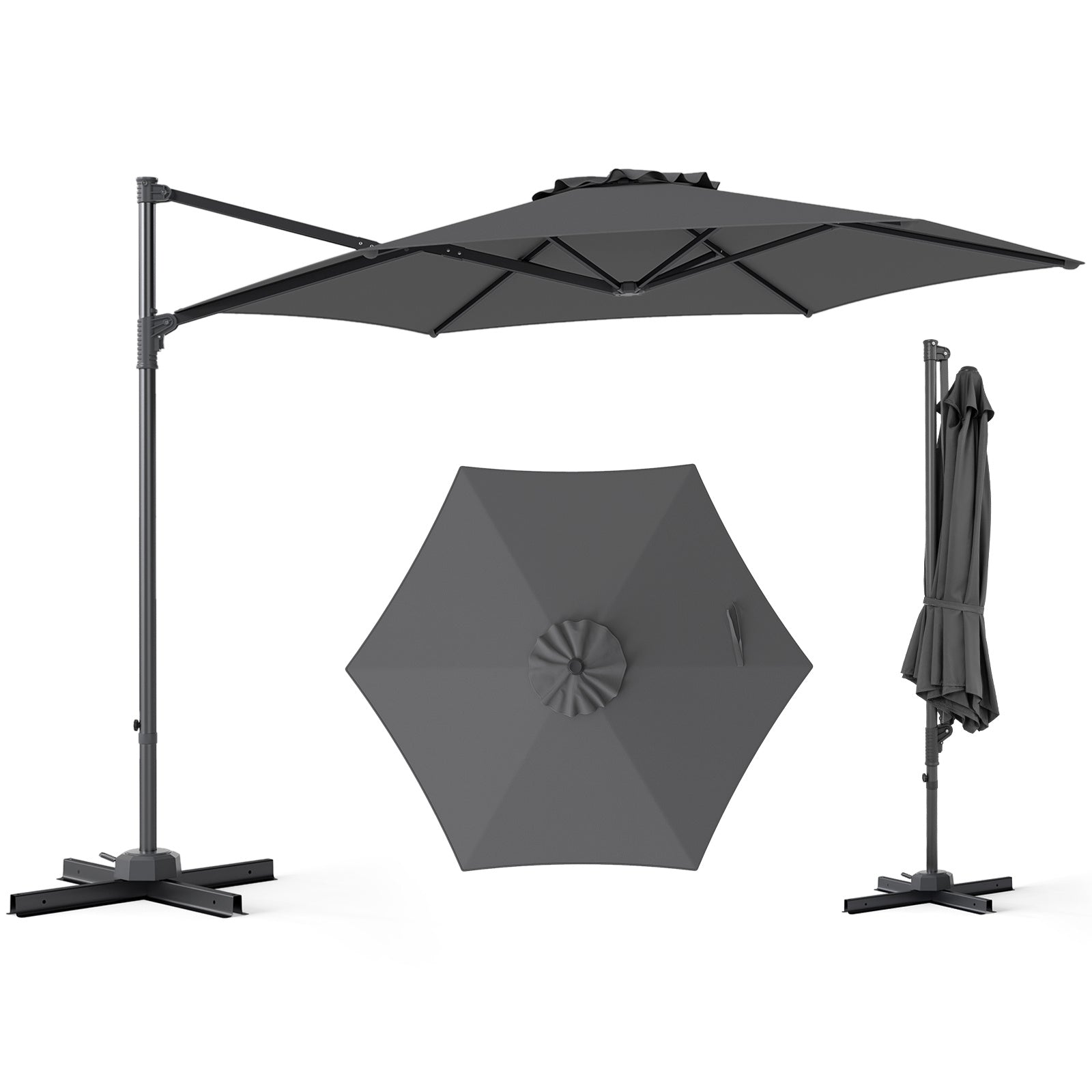 292cm Patio Cantilever Umbrella Large Offset Hanging Umbrella with 360° Rotation-Grey
