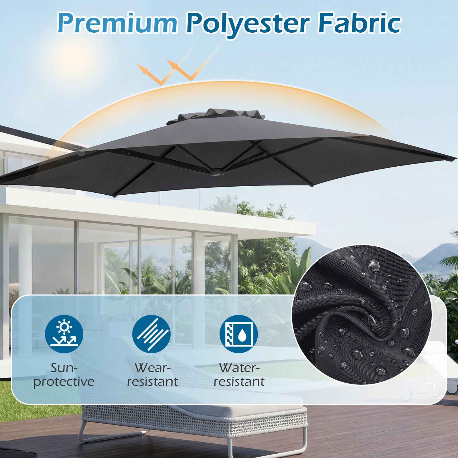 292cm Patio Cantilever Umbrella Large Offset Hanging Umbrella with 360° Rotation-Grey