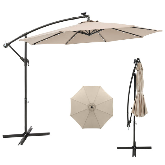 294 cm Solar Patio Offset Umbrella Cantilever Umbrella with 40 LED Lights-Beige