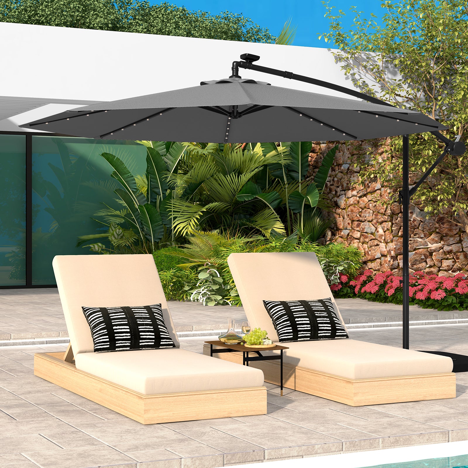 294 cm Solar Patio Offset Umbrella Cantilever Umbrella with 40 LED Lights-Grey