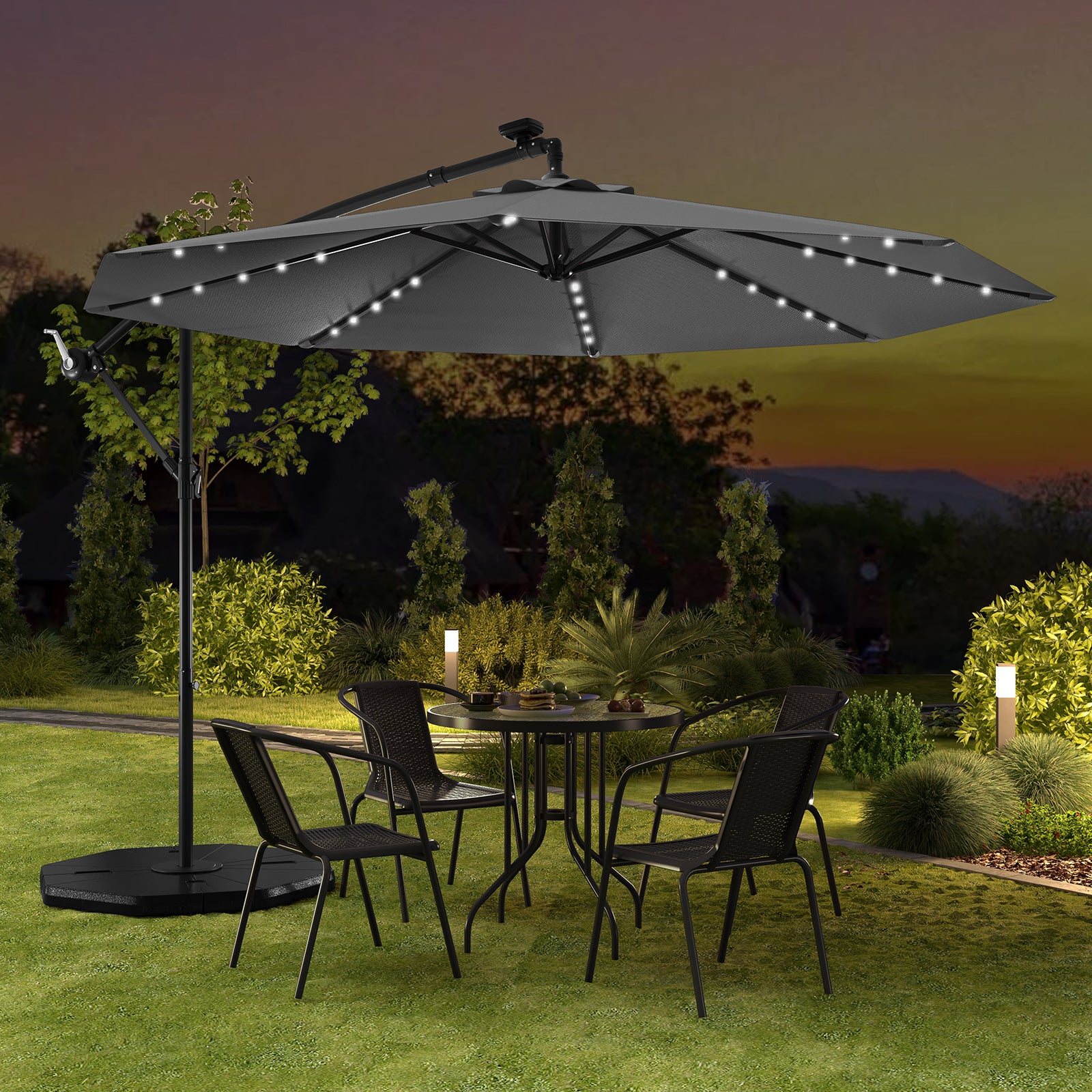 294 cm Solar Patio Offset Umbrella Cantilever Umbrella with 40 LED Lights-Grey
