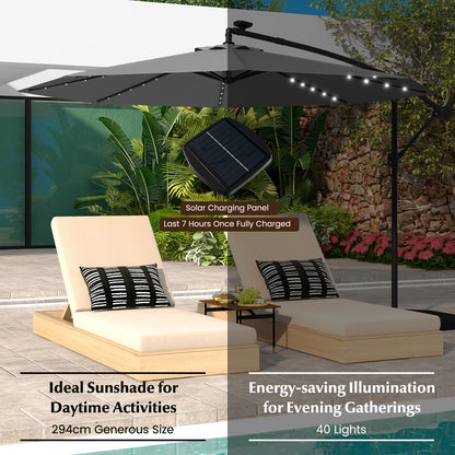 294 cm Solar Patio Offset Umbrella Cantilever Umbrella with 40 LED Lights-Grey