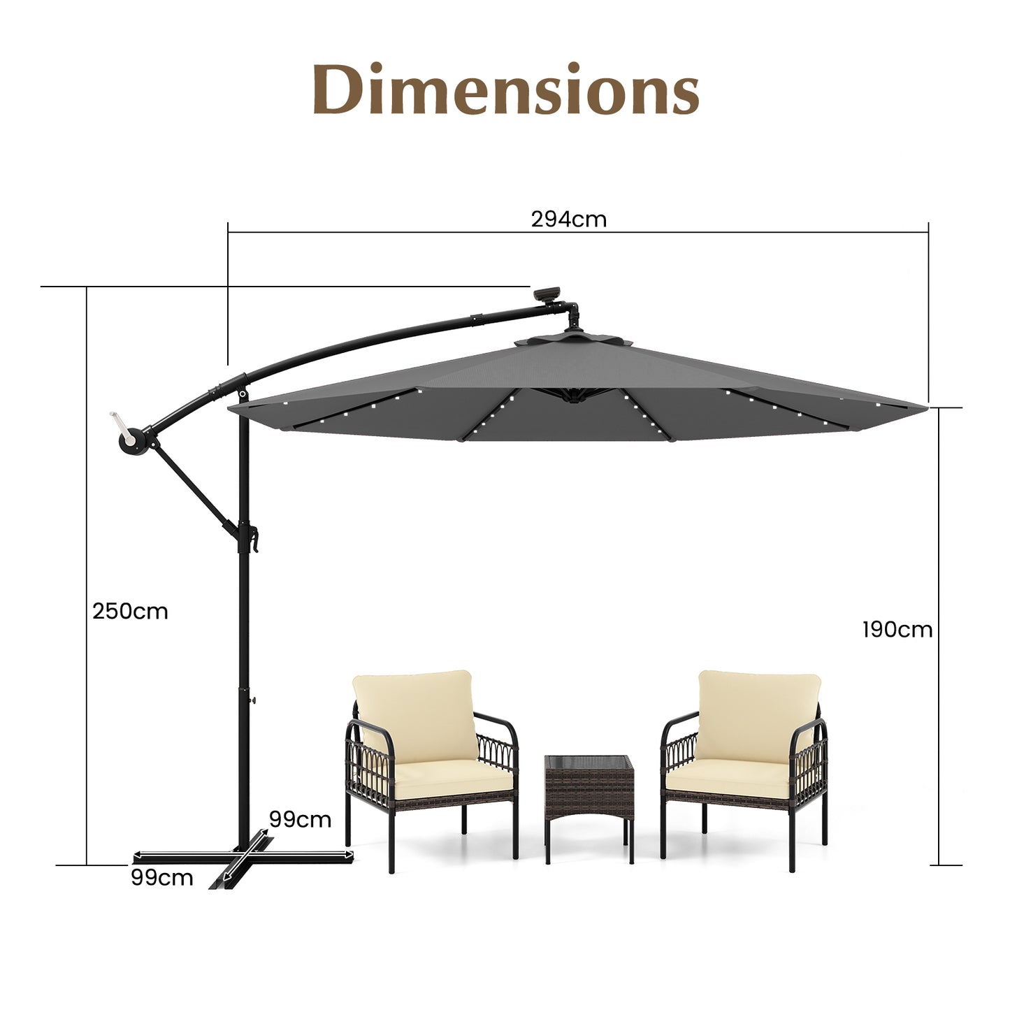 294 cm Solar Patio Offset Umbrella Cantilever Umbrella with 40 LED Lights-Grey