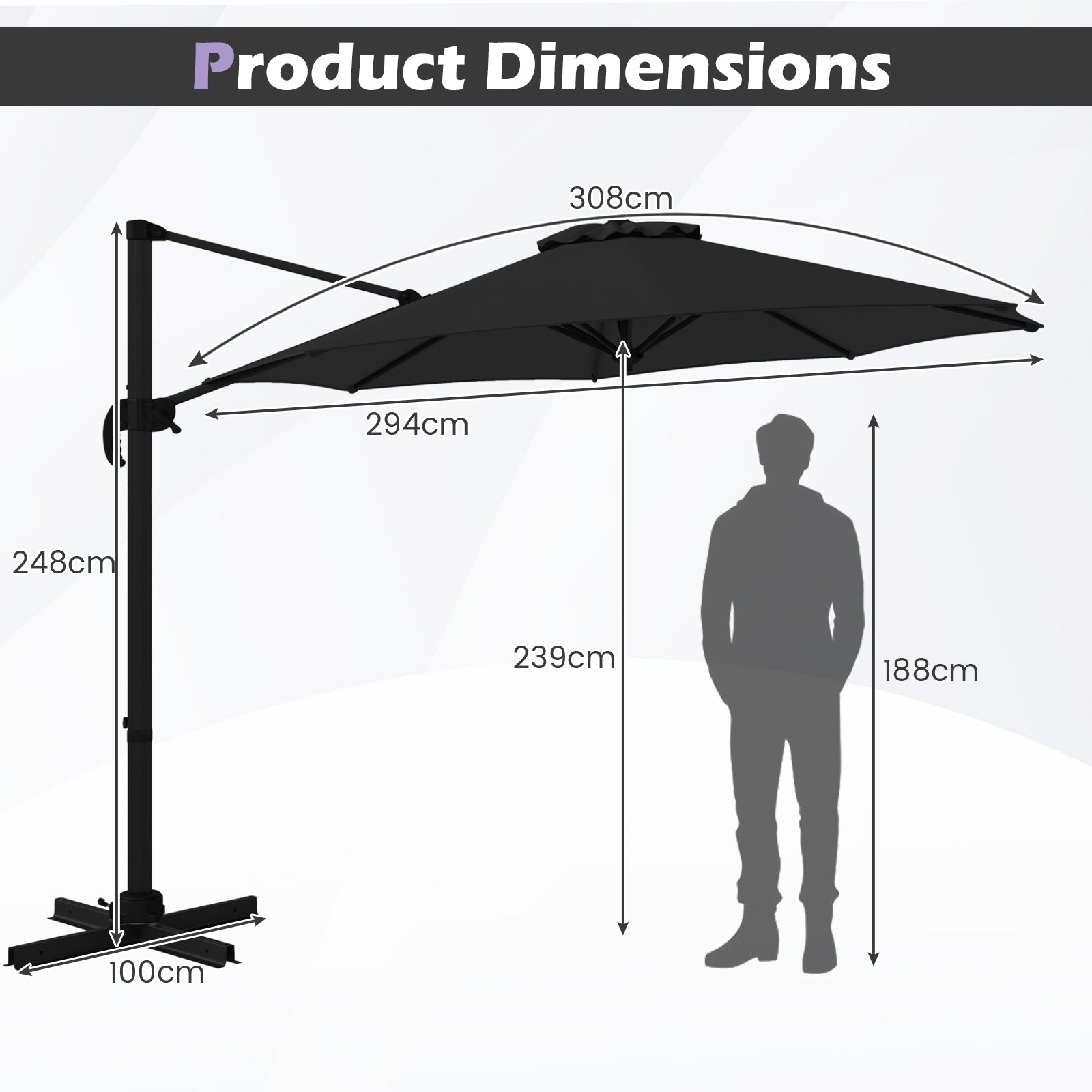 294 x 248 cm Round Outdoor Patio Umbrella Cantilever Umbrella with 360° Rotation for Backyard-Black