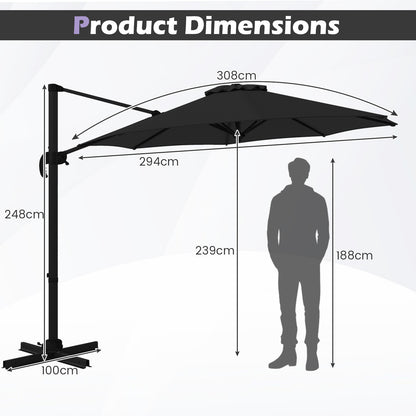 294 x 248 cm Round Outdoor Patio Umbrella Cantilever Umbrella with 360° Rotation for Backyard-Black