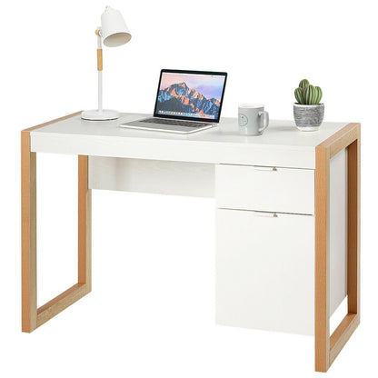 Wooden Computer Desk with Drawer and Cabinet for Home Office