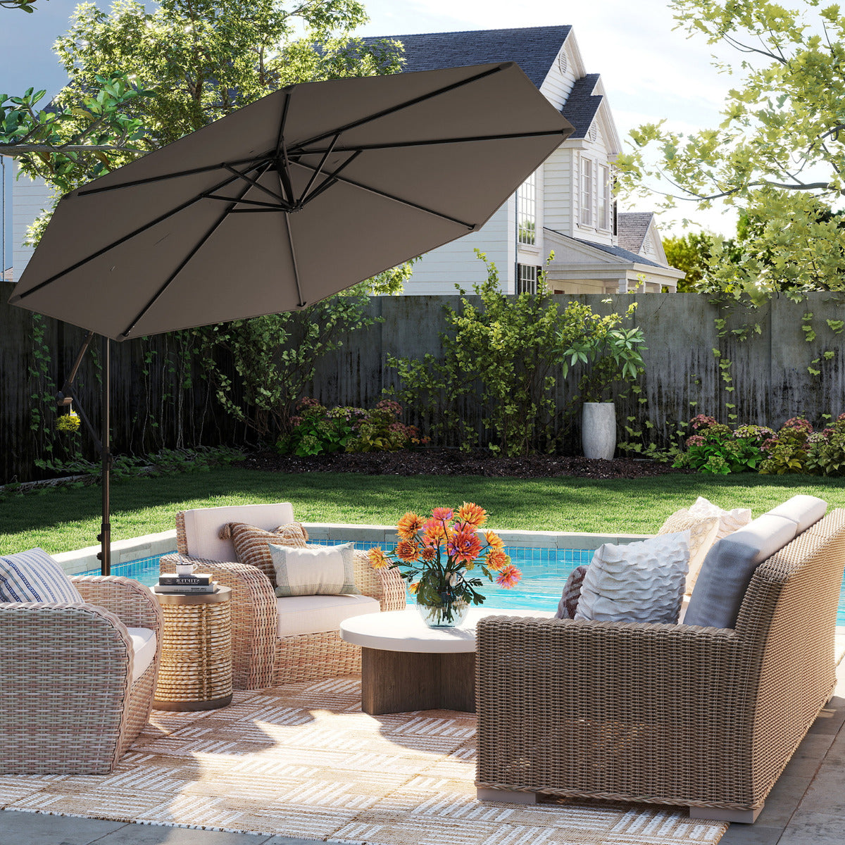 295 cm Patio Offset Umbrella with Easy Tilt Adjustment and Crossed Base-Grey