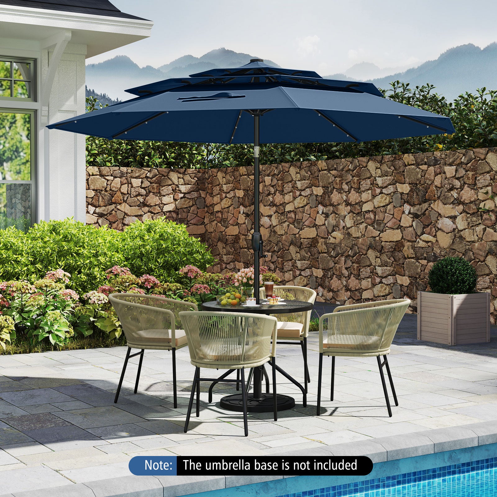 297 cm Solar Patio Umbrella with 32 LED Lights and 3-Tier Vented Top-Navy