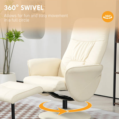 HOMCOM Swivel Recliner Chair with Footstool, PU Leather Armchair and Ottoman with High Back and Round Base for Living Room, Cream White