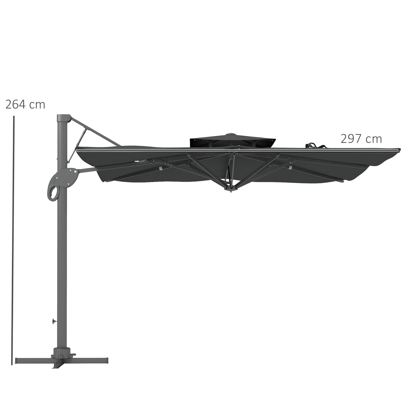 Outsunny Garden Parasol, 3(m) Cantilever Parasol with Hydraulic Mechanism, Dual Vented Top, 8 Ribs, Cross Base, Grey