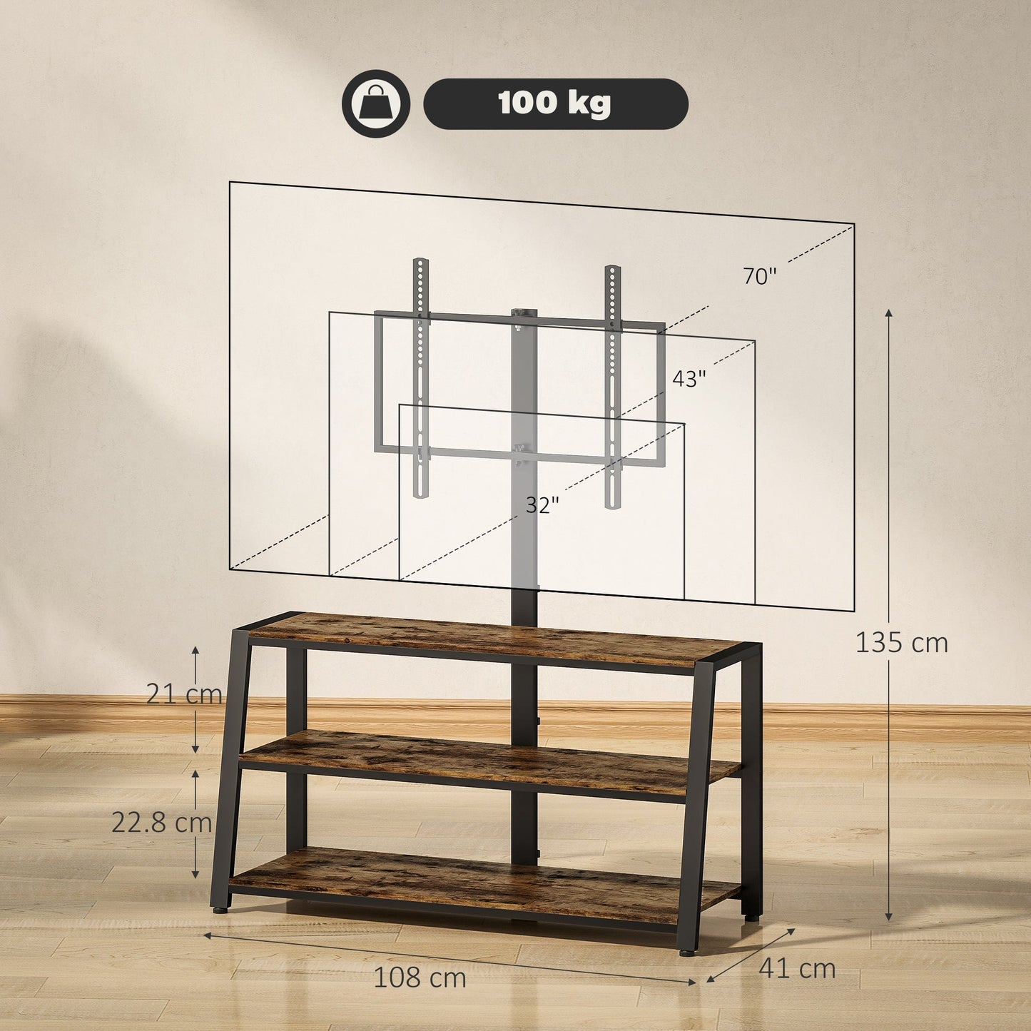 HOMCOM Industrial-Style TV Stand, with 35 Swivel Bracket - Dark Brown