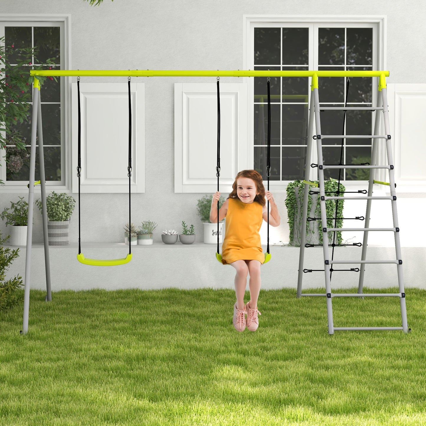 Outsunny 4 in 1 Metal Garden Swing Set with Double Swings Climber Climbing Net Green