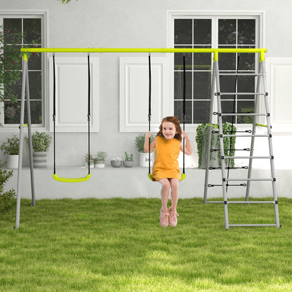 Outsunny 4 in 1 Metal Garden Swing Set with Double Swings Climber Climbing Net Green