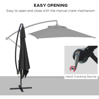 3x2m Cantilever Parasol With Cross Base, Banana Parasol With Crank Handle And 6 Ribs, Rectangular Hanging Patio Umbrella for Outdoors - Black