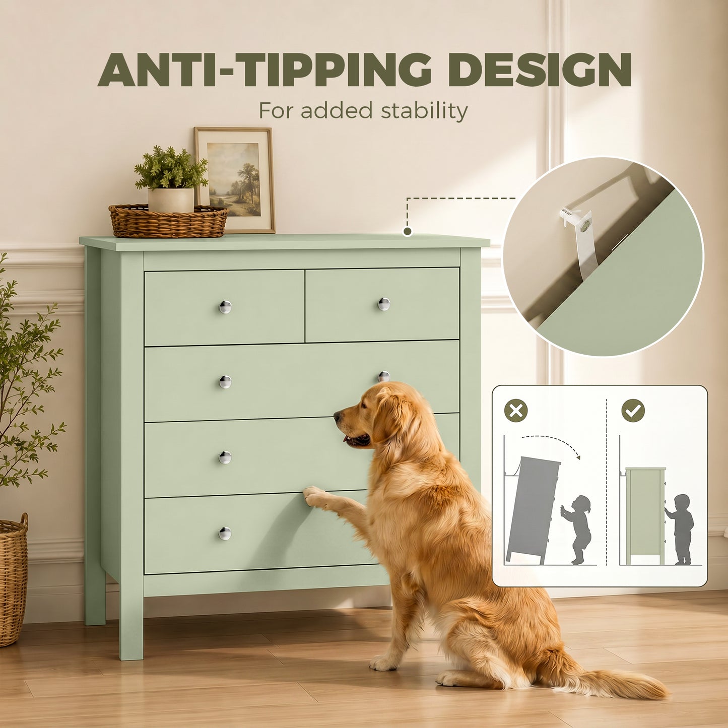 HOMCOM 5 Drawer Chest of Drawers, Modern Dresser for Bedroom, Bedside Storage Cabinet, Wide Storage Unit with Glide Runners for Living Room, Hallway, Closet, 79 x 39.5 x 80.5 cm, Sage Green