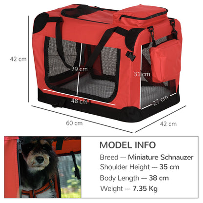 PawHut Foldable Pet Carrier for Small and Miniature Dogs, Portable Cat Carrier Soft Side Pet Travel Crate with Removable Mat, Storage Bags, Breathable Mesh Window 60 x 42 x 42cm - Red