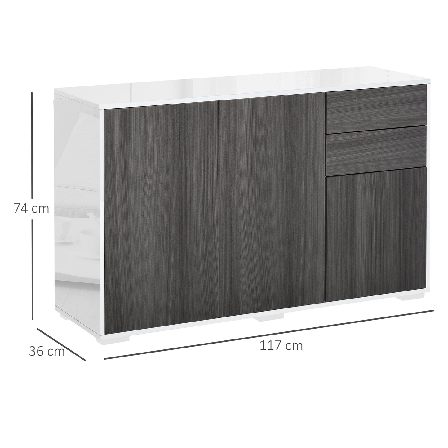 HOMCOM High Gloss Frame Sideboard, Side Cabinet, Push-Open Design with 2 Drawer for Living Room, Bedroom, Light Grey and White