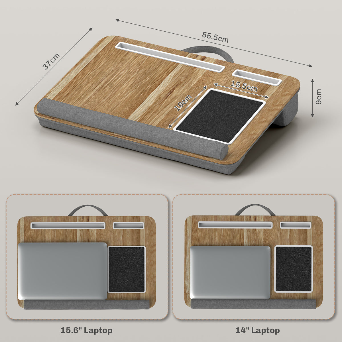 HOMCOM Lap Desk for Bed Sofa, Laptop Tray with Cushion Mouse Pad, Wrist Rest & Phone Holder, Fits Up to 15.6" Laptops, Oak Grey