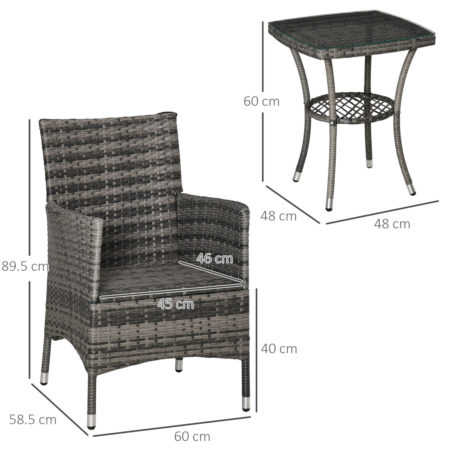 Outsunny 3 Pieces Rattan Bistro Set, Wicker Garden Furniture Set with 2-Tier Coffee Table and Chairs, Washable Cushions, for Outdoor Patio Balcony, Mixed Grey