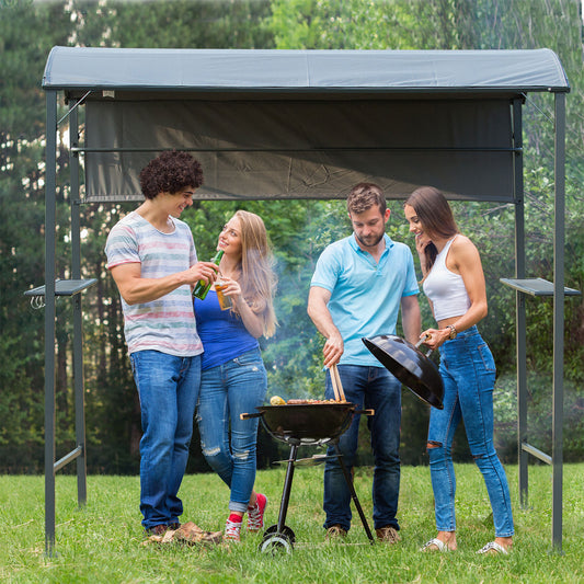 Altana grillowa Outsunny 2,2 x 1,4 m, zadaszenie do grilla zewnętrznego z półkami, wieszakami i metalową ramą, do ogrodu i na patio