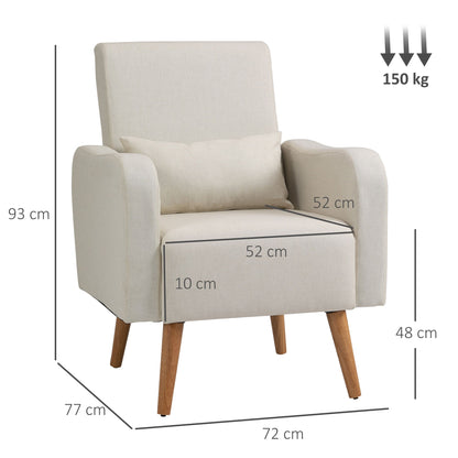 HOMCOM Accent Chair, Linen-Touch Armchair with Pillow, Upholstered Leisure Lounge Sofa for Living Room, Club Chair with Rubber Wooden Frame, Cream