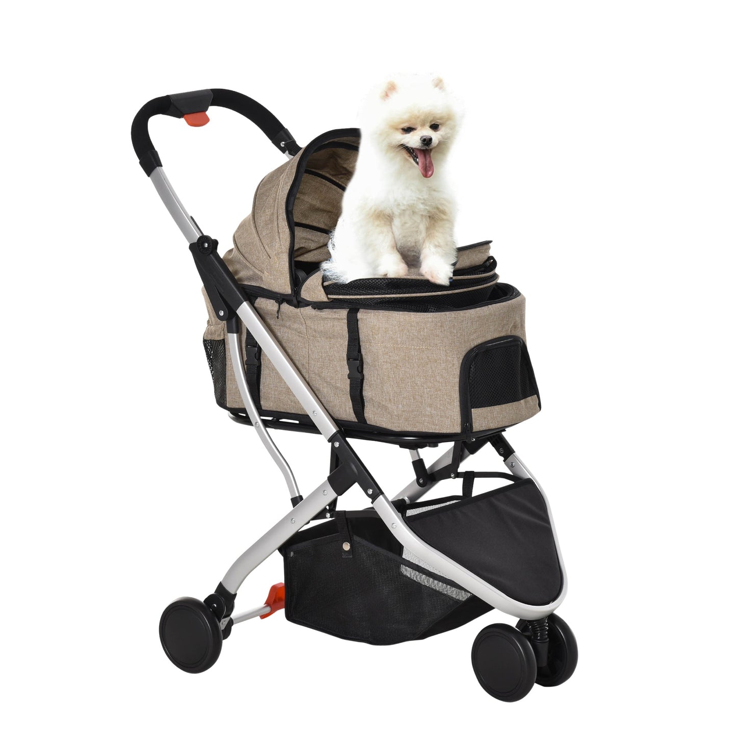 PawHut 2 In 1 Foldable Dog Stroller, Aluminium Pet Travel Carrier, with Adjustable Canopy, Universal Wheel, Brake, Basket Storage Bag, for Small Dogs Light Brown