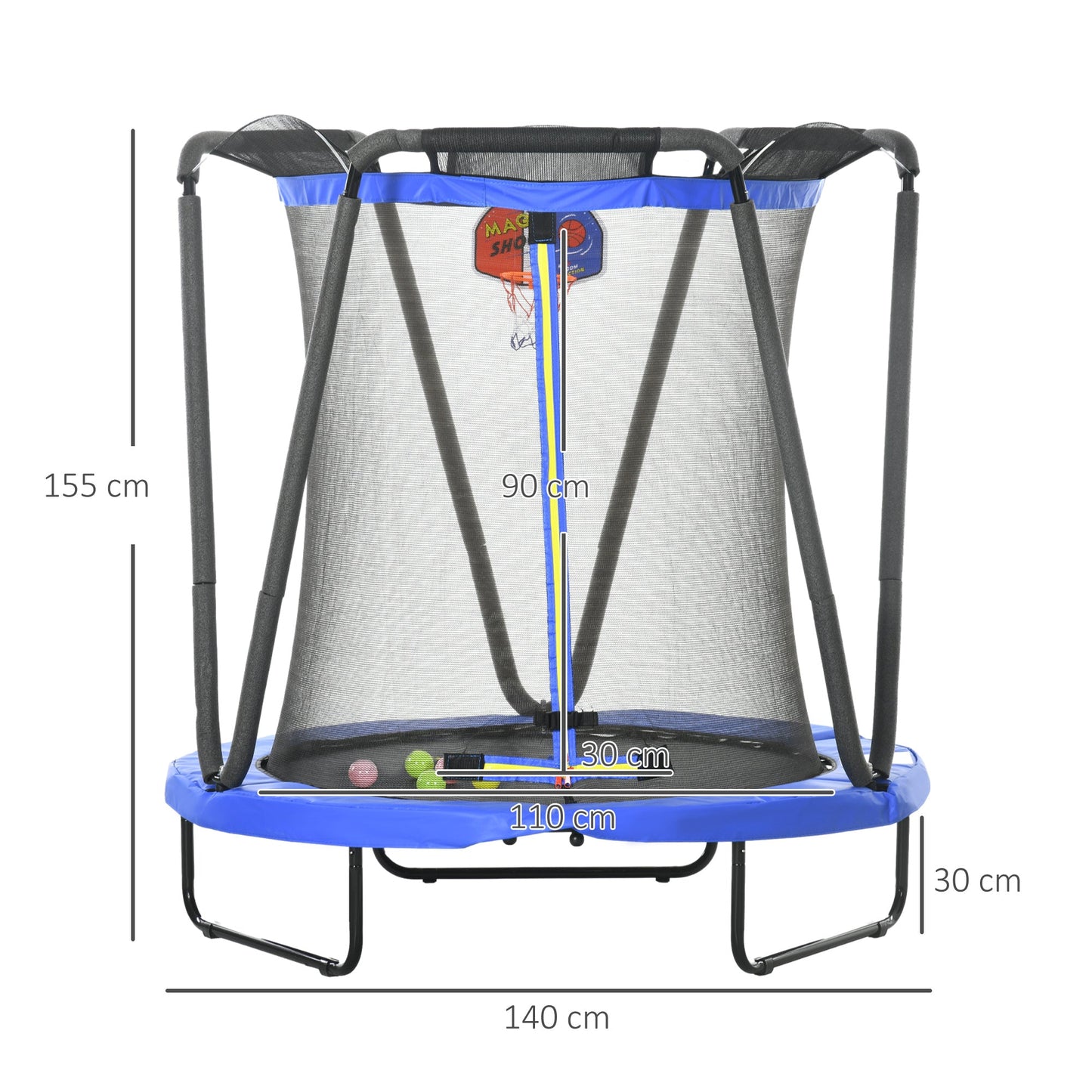 ZONEKIZ 4.6 FT Kids Trampoline with Enclosure, Basketball, Sea Balls, Blue