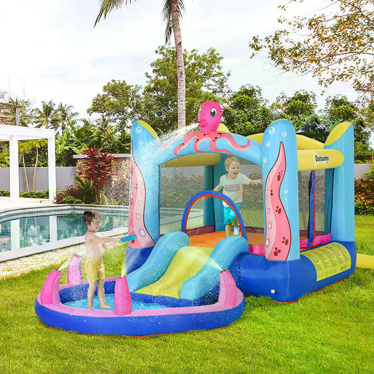 Dmuchany zamek do skakania Outsunny, trampolina, zjeżdżalnia, basen, wzór ośmiornicy, 3,8 x 2 x 1,8 m