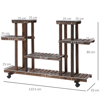 Outsunny 4-Tier Floor-standing Flower Rack Wood Plant Stand For Indoor & Outdoor Garden Balcony w/ Wheels & Handle 123.5L x 33W x 80H cm, 8 Pots