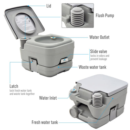 HOMCOM 10L Portable Toilet for Adults, Outdoor Camping Toilet with 2 Detachable Tanks & Push-button Operation, Compact Outdoor Travel Potty Loo with Lid, Seat for Fishing, Hiking, Picnic, Grey