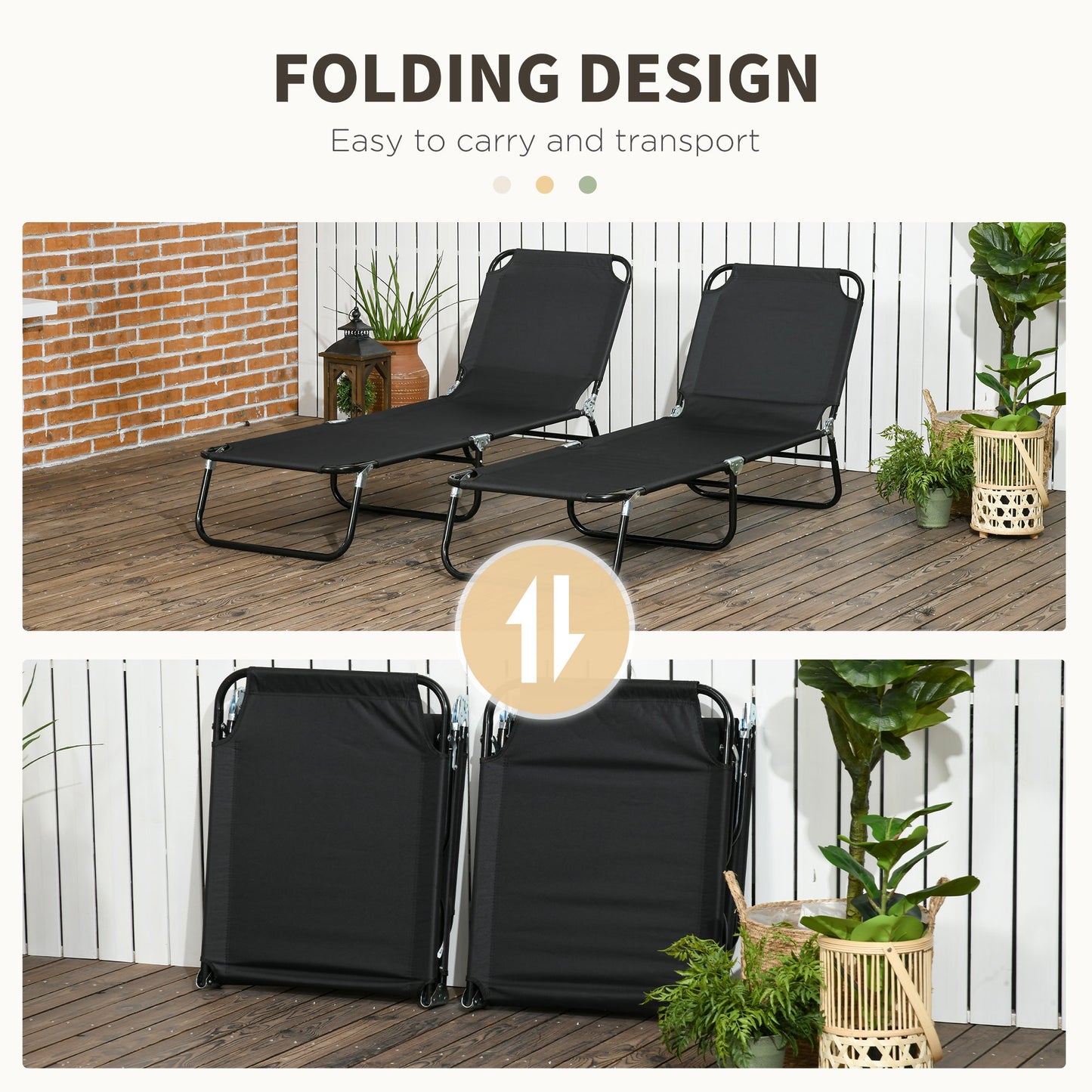 Outsunny Set of Two Metal Frame Folding Sun Loungers - Black