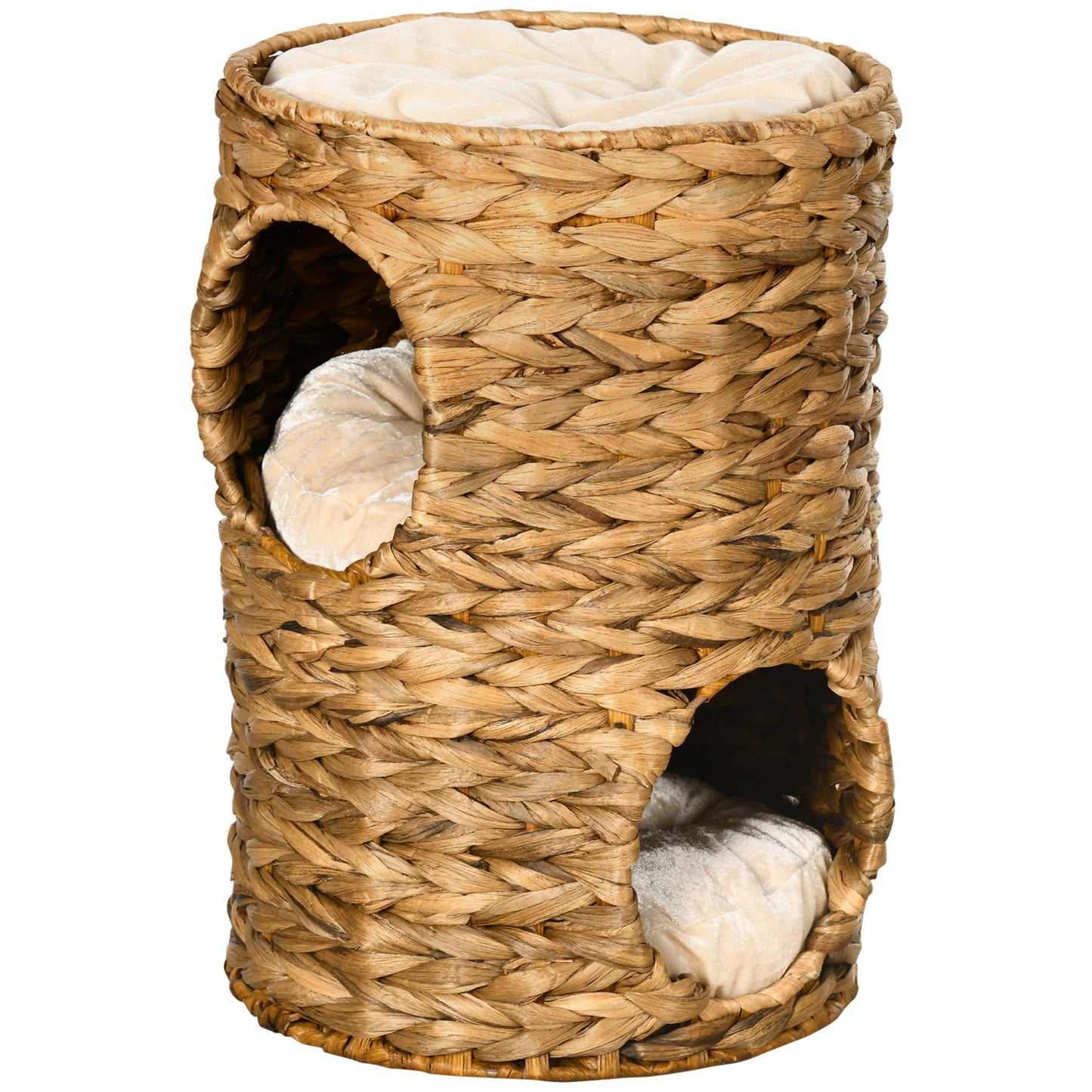 PawHut 47cm Cat Barrel Tree for Indoor Cats with 2 Cat Houses, Kitten Tower with Cushion - Light Brown