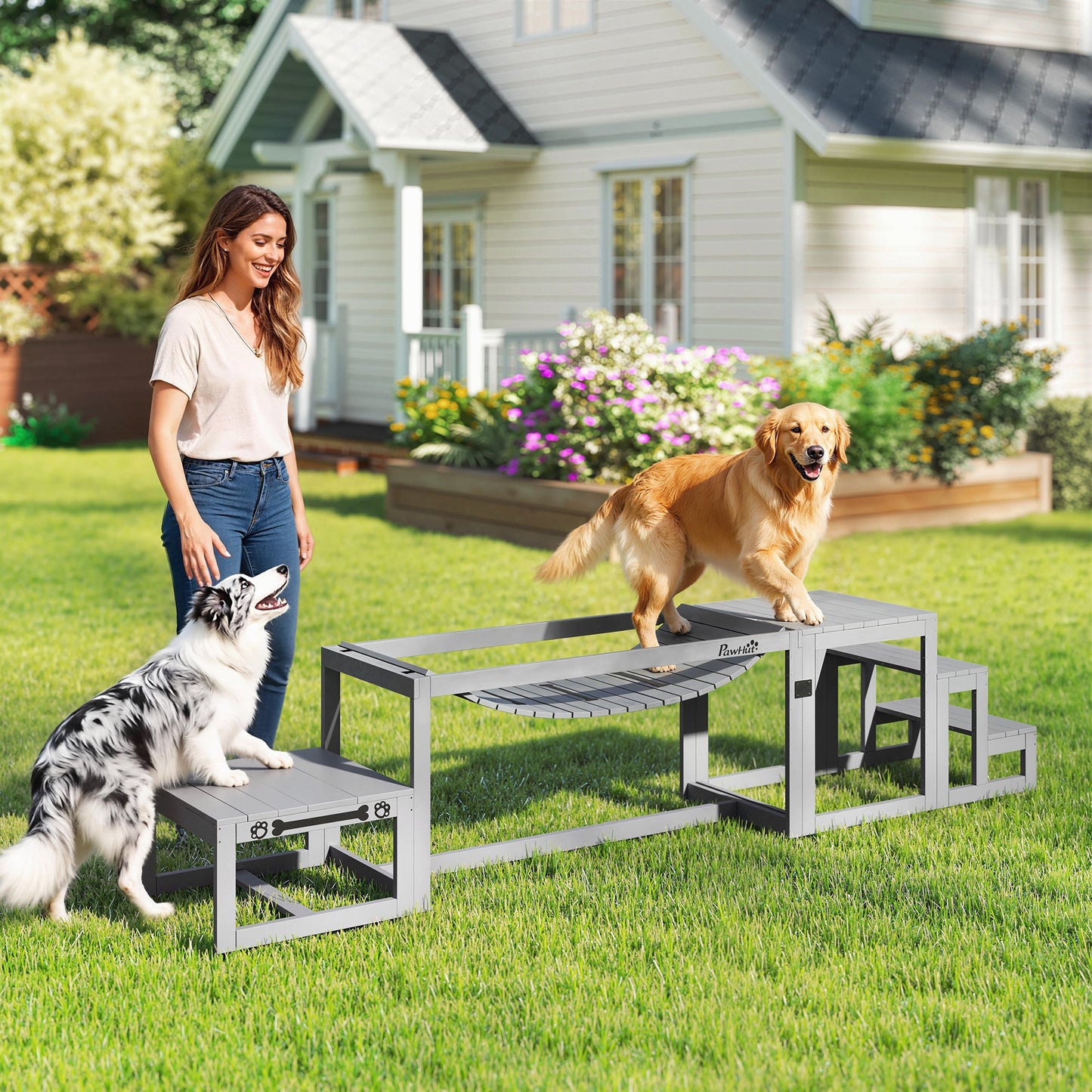 PawHut 3 Pieces Wooden Dog Agility Training Equipment with Soft Bridge, Pause Platform and Pet Stair for Outdoor, Grey