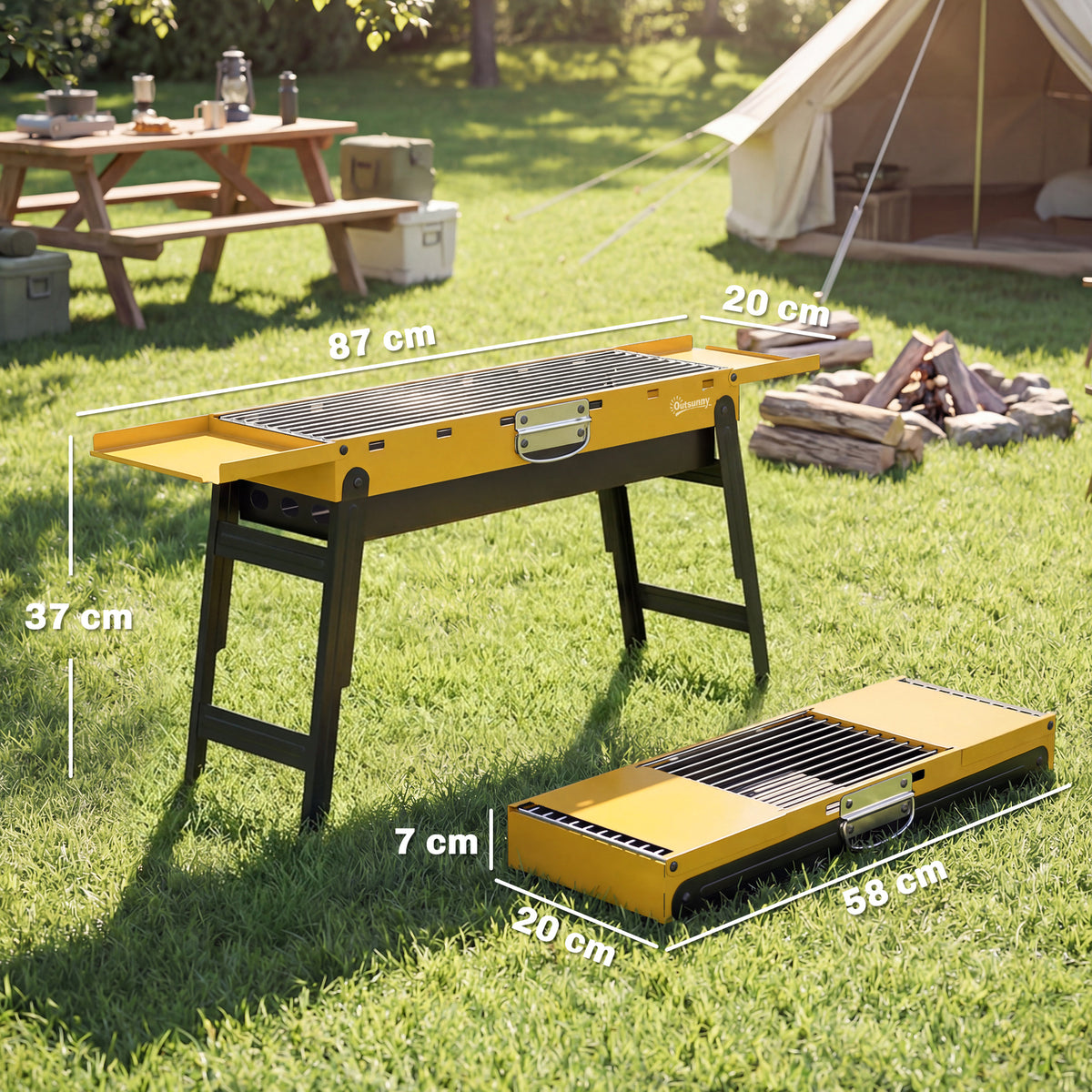 Outsunny Portable BBQ Grill, Foldable Charcoal Grill for Camping and Picnics with 2 Side Shelves and Handle, Yellow