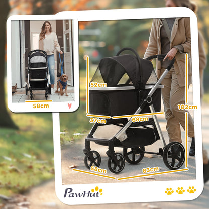 PawHut 3 in 1 One-Click Foldable Pet Stroller, Detachable Dog Cat Travel Pushchair, Car Seat w/ EVA Wheels, Basket, Adjustable Canopy, Safety Leash, Cushion, for Small Pets - Black