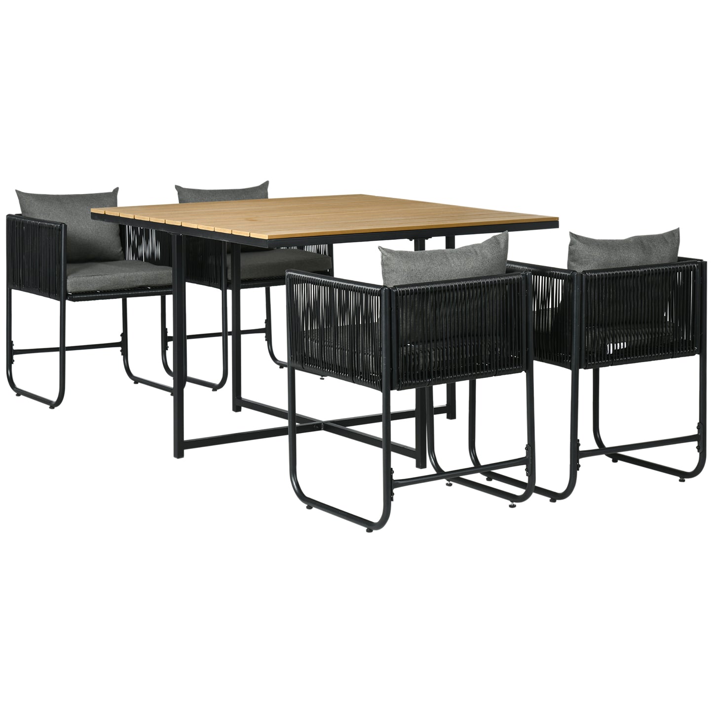 Zestaw mebli ogrodowych Outsunny 4 Seater Rattan Cube, zestaw jadalny z rattanu z poduszkami, stół jadalny i krzesła zewnętrzne z prostokątnym blatem z tworzywa sztucznego o strukturze drewna na patio, balkon, czarny
