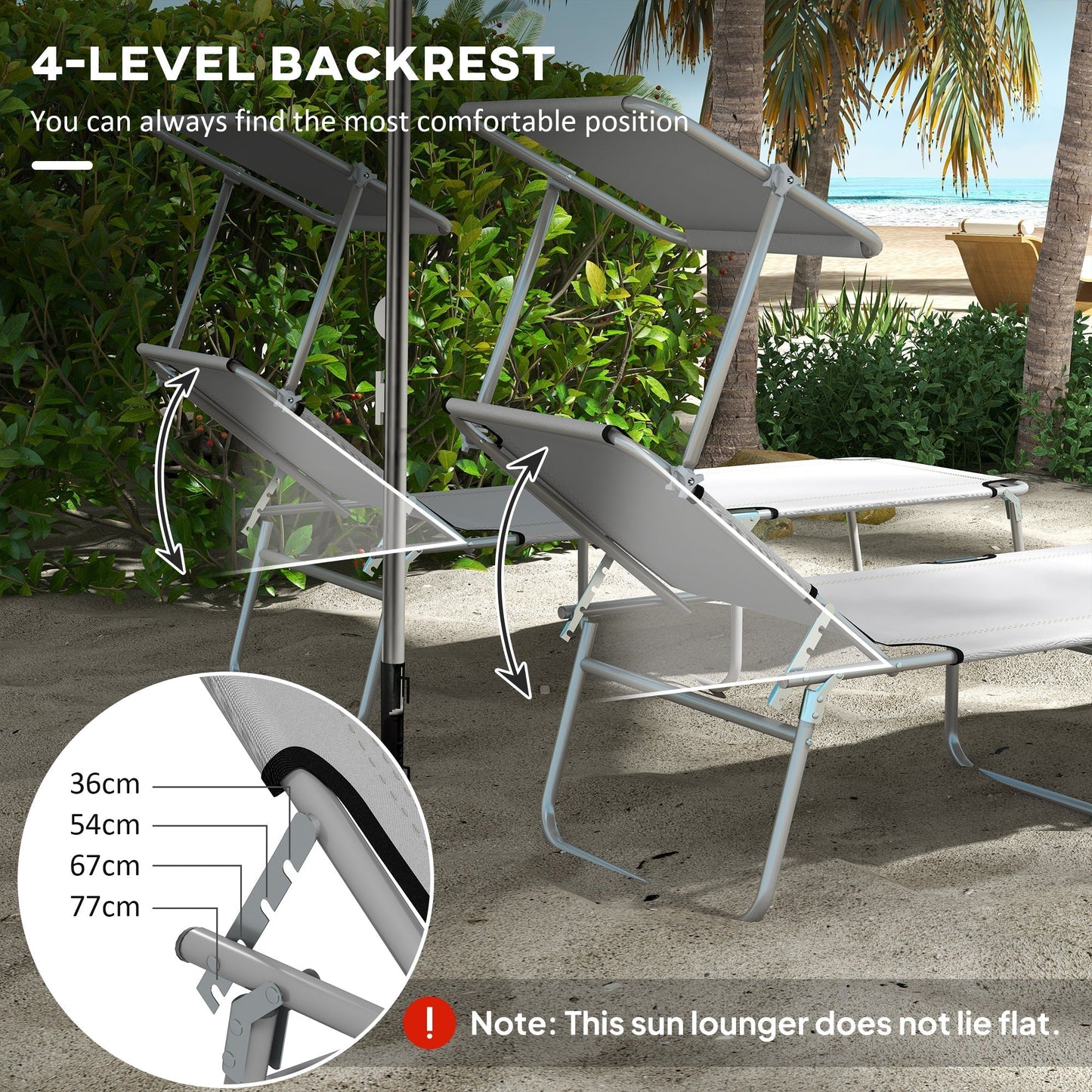 Outsunny Outdoor Foldable Sun Lounger Set of 2, 4 Level Adjustable Backrest Reclining Sun Lounger Chair with Angle Adjust Sun Shade Awning for Beach, Garden, Patio, Light Grey
