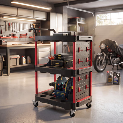 HOMCOM 3-Tier Rolling Tool Cart with Pegboard and Hooks, Storage Trolley Wheel Cart with Brakes, Black & Red