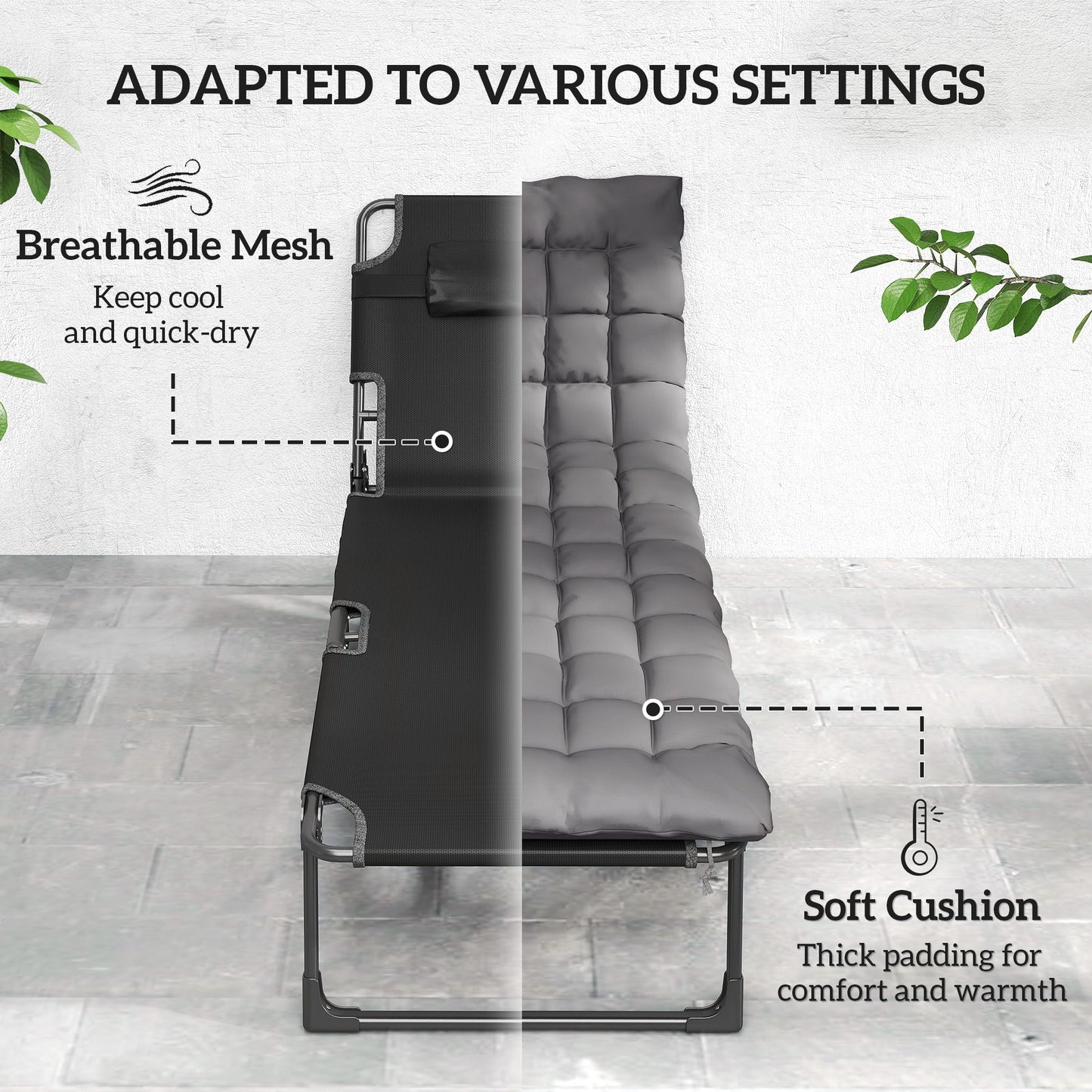 Outsunny Folding Sun Loungers for Garden Set of 2, 5-Position Oversized Camping Bed Recliner with Cushions, Dark Grey