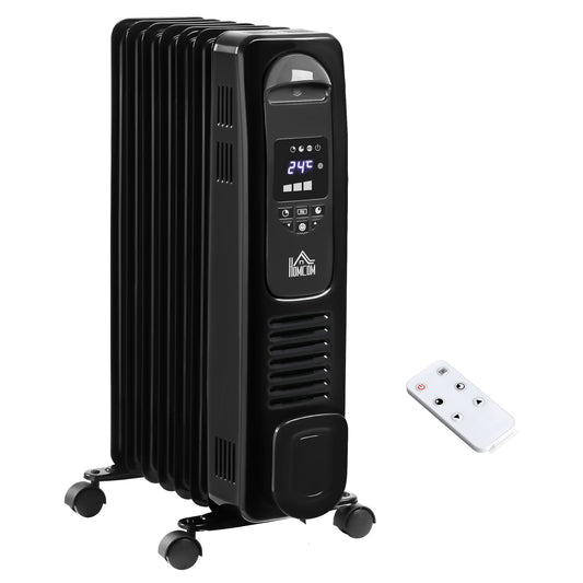 HOMCOM 1500W Cyfrowy Grzejnik Olejowy, 7 Żeberek, Przenośny Elektryczny Grzejnik z Wyświetlaczem LED, Wbudowanym Timerem, 3 Ustawienia Grzania, Wyłącznik Bezpieczeństwa i Pilot Zdalnego Sterowania, Czarny