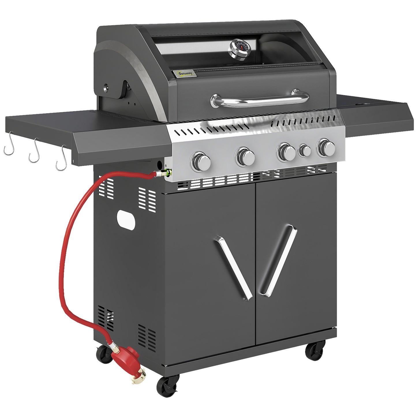 Grill gazowy Outsunny 4+1 z przezroczystą pokrywą, przenośny grill gazowy z wbudowanym termometrem, stolikiem bocznym, szafką, kółkami, tacką na tłuszcz do grillowania na przyjęciach ogrodowych na świeżym powietrzu, czarny
