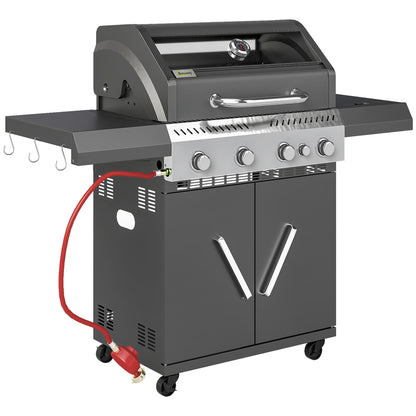 Grill gazowy Outsunny 4+1 z przezroczystą pokrywą, przenośny grill gazowy z wbudowanym termometrem, stolikiem bocznym, szafką, kółkami, tacką na tłuszcz do grillowania na przyjęciach ogrodowych na świeżym powietrzu, czarny