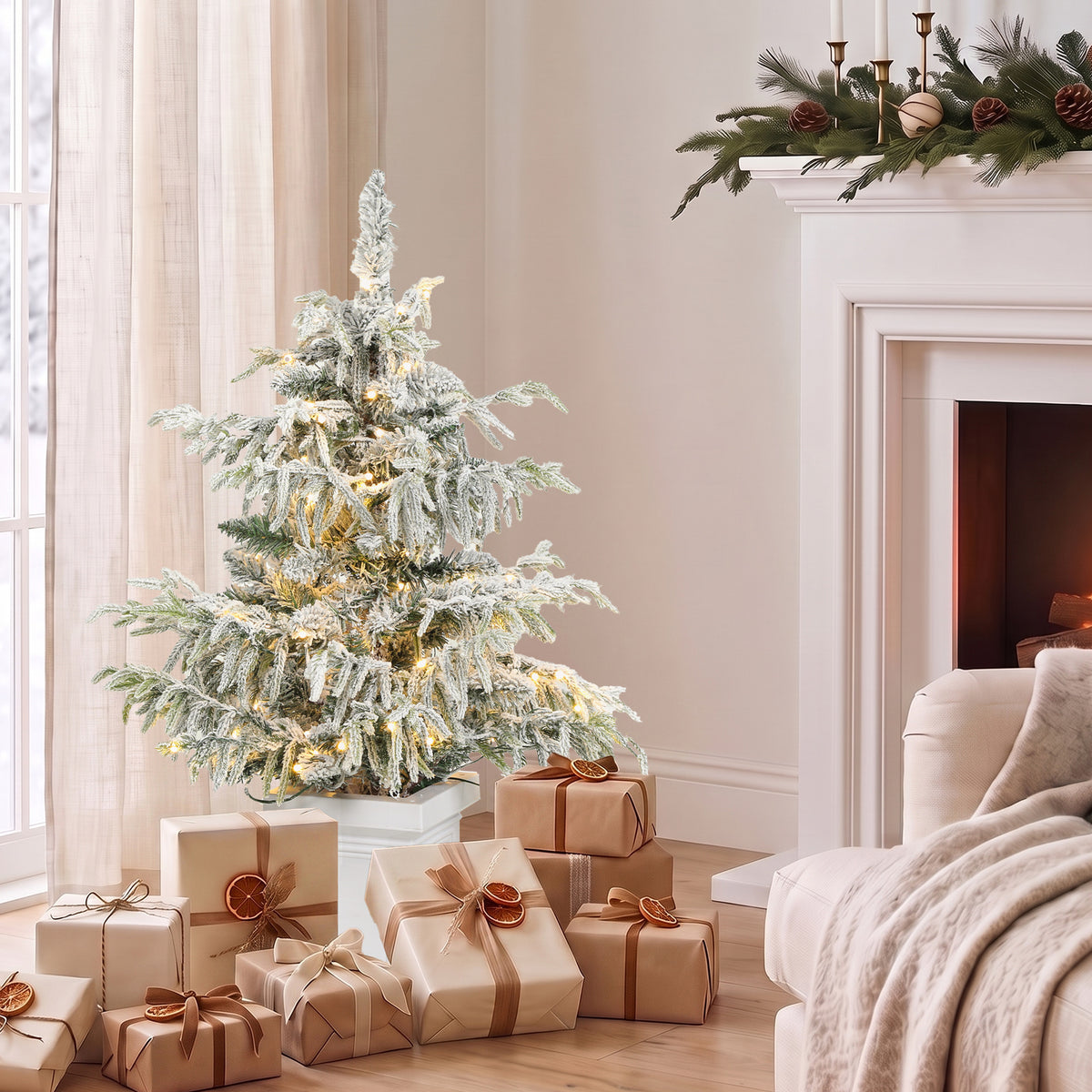 HOMCOM 3ft Prelit Flocked Christmas Tree, Artificial Snow Flocked Spruce with 100 Warm White LED Lights, 8 Modes, Green