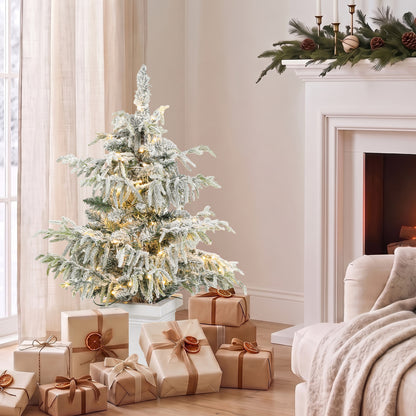 HOMCOM 3ft Prelit Flocked Christmas Tree, Artificial Snow Flocked Spruce with 100 Warm White LED Lights, 8 Modes, Green