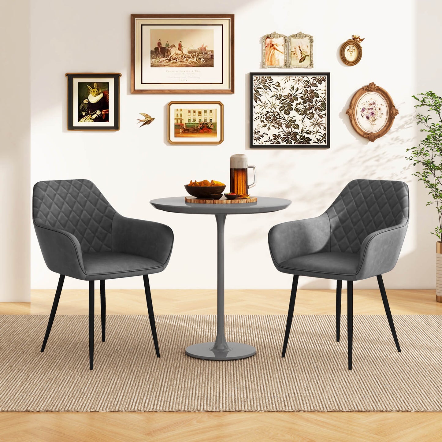 Set of 2 Leisure Dining Chair Upholstered with Curved Backrest-Grey
