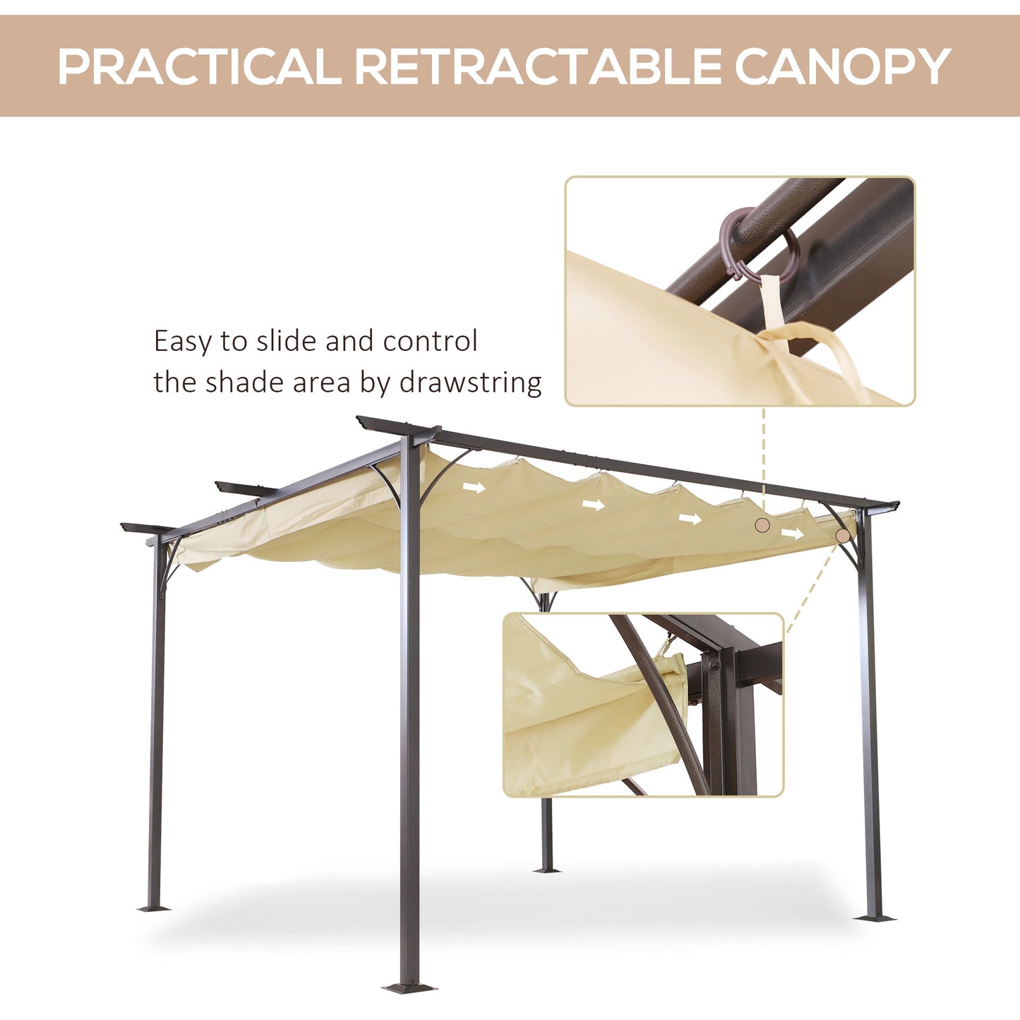 مظلة Outsunny 3.5MX 3.5M معدنية Pergola Gazebo مظلة قابلة للسحب في الهواء الطلق والحديقة والشمس والمأوى وحفلات الشواء، بيج