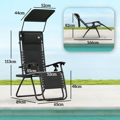 Outsunny Zero Gravity Lounger Chair, składany rozkładany fotel ogrodowy z osłoną przeciwsłoneczną, wyściełane siedzisko, uchwyt na kubek, miękka poduszka i zagłówek do użytku przy basenie, kempingowy, czarny