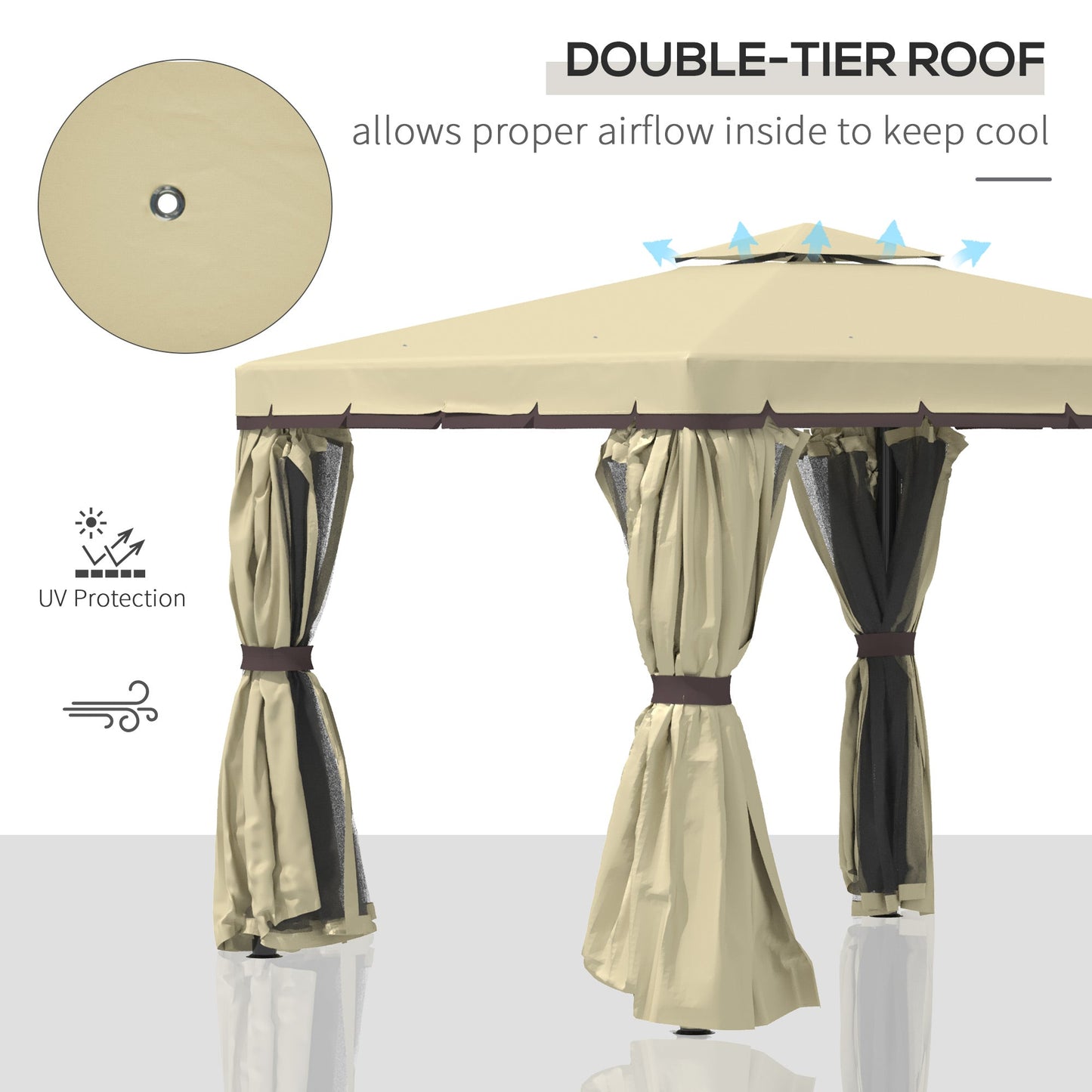 Outsunny 3 x 3(m) Garden Gazebo Pavilion Tent Shelter with 2 Tier Water Repellent Roof, Mosquito Netting and Curtains, Aluminium Frame, Beige