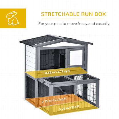 PawHut 2 Tier Wooden Rabbit Hutch Guinea Pig Hutch Small Animal Cage Slide Out Tray Ramp Outdoor Run Openable Roof Grey 101.5 x 90 x 100 cm